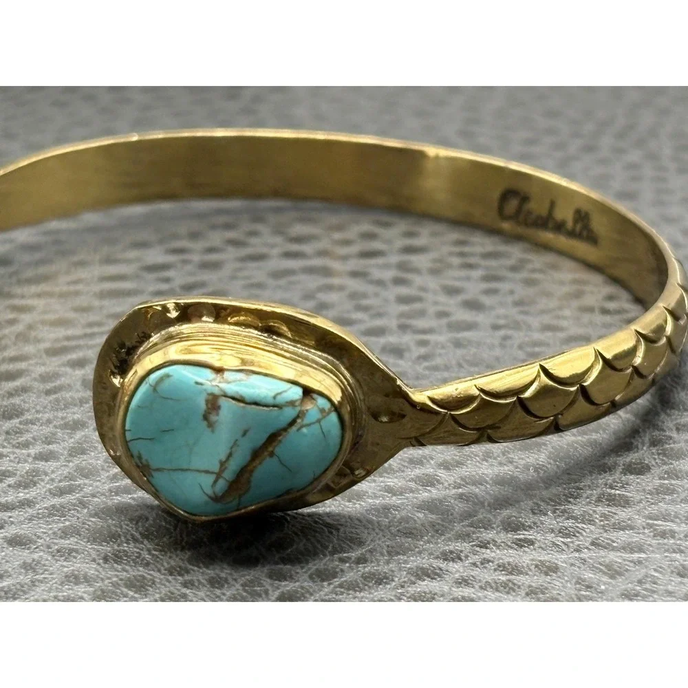 Cleobella Blue Turquoise Stone Mermaid Scale Pattern Cuff Bracelet 7.25